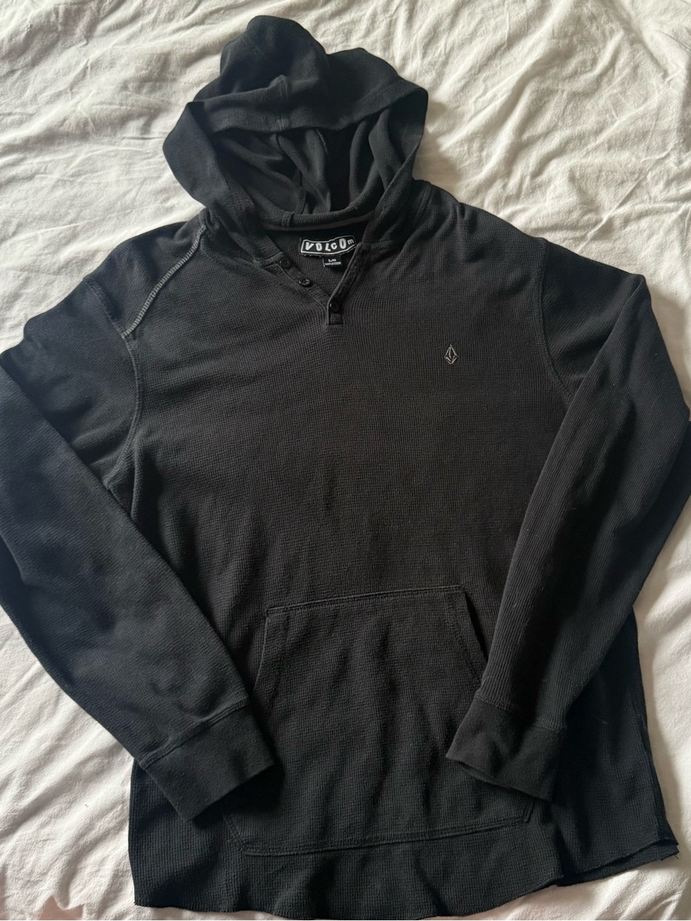 Volcom Men's Black Hooded Thermal Waffle Knit Pullover